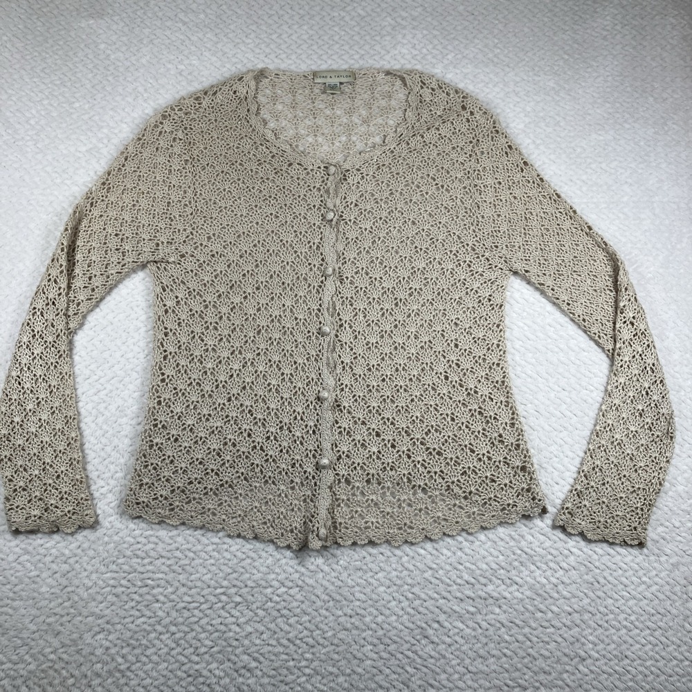 Vtg Lord & Taylor Crocheted Cardigan Large Linen Blend Tan Beachy Costal Grandma